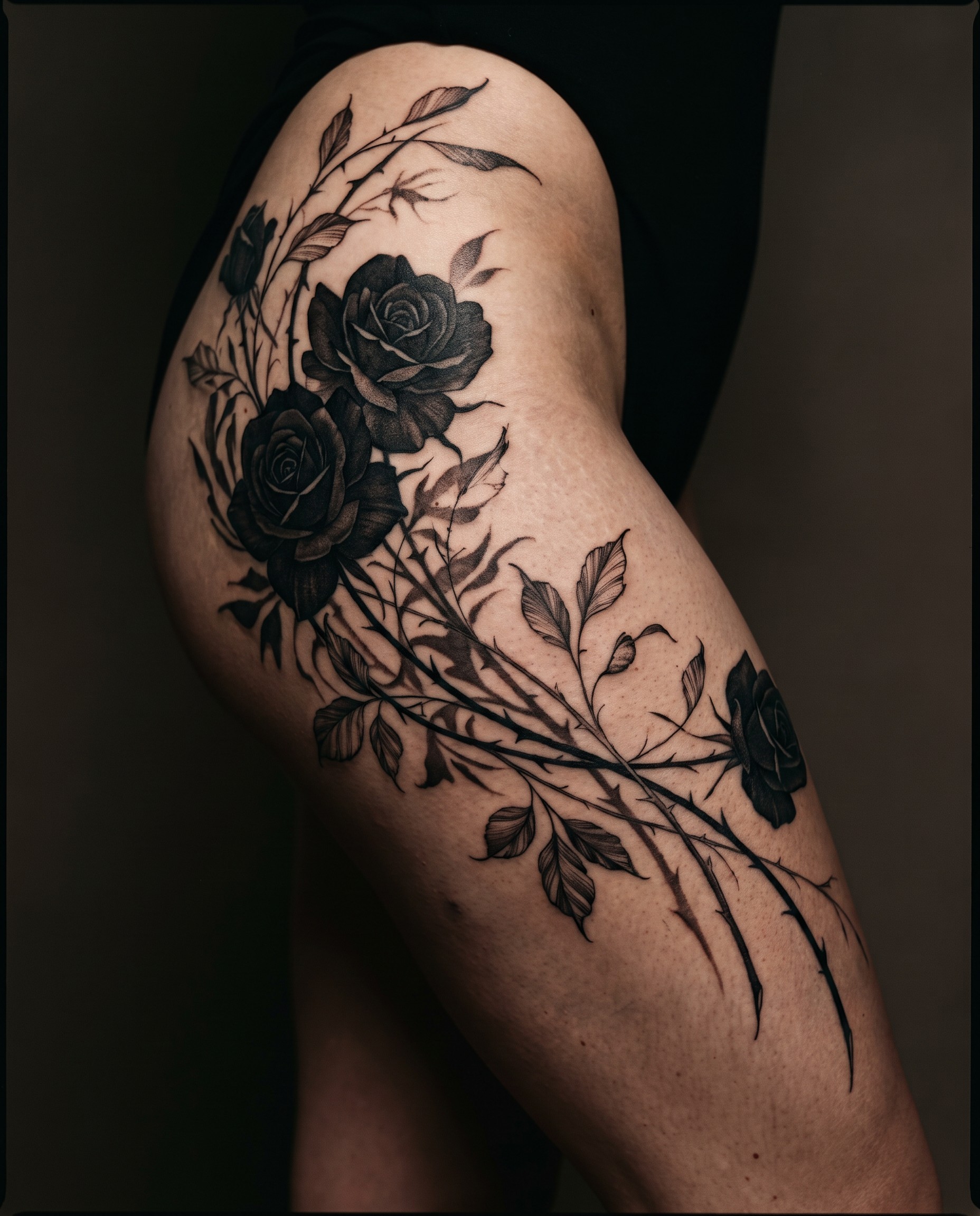 Dark Botanical — tattoo style reference, OUTER THIGH